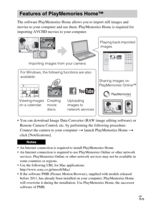 Page 33
GB
33
The software PlayMemories Home allows you to import still images and 
movies to your computer and use them. PlayMemories Home is required for 
importing AVCHD movies to your computer.
 You can download Image Data Converter (RAW image editing software) or Remote Camera Control, etc. by performing the following procedure: 
Connect the camera to your computer  t launch PlayMemories Home  t 
click [Notifications].
 An Internet connection is required to install PlayMemories Home.
 An Internet...