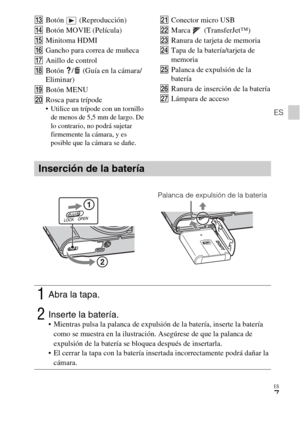 Page 37ES
7
ES
MBotón  (Reproducción)
NBotón MOVIE (Película)
OMinitoma HDMI
PGancho para correa de muñeca
QAnillo de control 
RBotón  /  (Guía en la cámara/
Eliminar)
SBotón MENU
TRosca para trípode
 Utilice un trípode con un tornillo 
de menos de 5,5 mm de largo. De 
lo contrario, no podrá sujetar 
firmemente la cámara, y es 
posible que la cámara se dañe.
UConector micro USB 
VMarca  (TransferJet™)
WRanura de tarjeta de memoria
XTapa de la batería/tarjeta de 
memoria
YPalanca de expulsión de la 
batería...