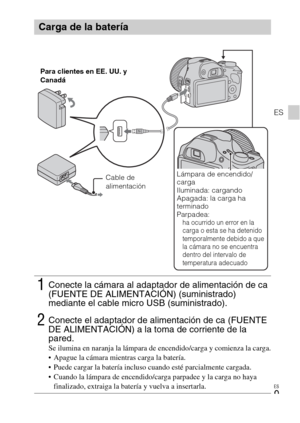 Page 41ES
9
ES
Carga de la batería
1Conecte la cámara al adaptador de alimentación de ca 
(FUENTE DE ALIMENTACIÓN) (suministrado) 
mediante el cable micro USB (suministrado).
2Conecte el adaptador de alimentación de ca (FUENTE 
DE ALIMENTACIÓN) a la toma de corriente de la 
pared.
Se ilumina en naranja la lámpara de encendido/carga y comienza la carga.
 Apague la cámara mientras carga la batería.
 Puede cargar la batería incluso cuando esté parcialmente cargada.
 Cuando la lámpara de encendido/carga parpadee y...