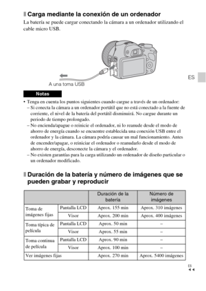 Page 43ES
11
ES
xCarga mediante la conexión de un ordenador
La batería se puede cargar conectando la cámara a un ordenador utilizando el 
cable micro USB.
 Tenga en cuenta los puntos siguientes cuando cargue a través de un ordenador:
– Si conecta la cámara a un ordenador portátil que no está conectado a la fuente de 
corriente, el nivel de la batería del portátil disminuirá. No cargue durante un 
periodo de tiempo prolongado.
– No encienda/apague o reinicie el ordenador, ni lo reanude desde el modo de 
ahorro...