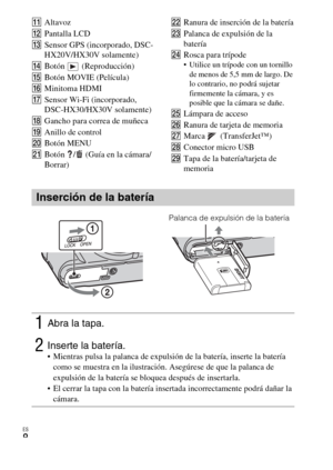 Page 40ES
8
KAltavoz
LPantalla LCD
MSensor GPS (incorporado, DSC-
HX20V/HX30V solamente)
NBotón  (Reproducción)
OBotón MOVIE (Película)
PMinitoma HDMI
QSensor Wi-Fi (incorporado, 
DSC-HX30/HX30V solamente)
RGancho para correa de muñeca
SAnillo de control 
TBotón MENU
UBotón  /  (Guía en la cámara/
Borrar)VRanura de inserción de la batería
WPalanca de expulsión de la 
batería
XRosca para trípode
 Utilice un trípode con un tornillo 
de menos de 5,5 mm de largo. De 
lo contrario, no podrá sujetar 
firmemente la...