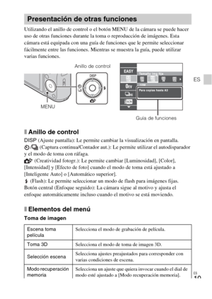 Page 51ES
19
ES
Utilizando el anillo de control o el botón MENU de la cámara se puede hacer 
uso de otras funciones durante la toma o reproducción de imágenes. Esta 
cámara está equipada con una guía de funciones que le permite seleccionar 
fácilmente entre las funciones. Mientras se muestra la guía, puede utilizar 
varias funciones.
xAnillo de control
DISP (Ajuste pantalla): Le permite cambiar la visualización en pantalla.
/  (Captura continua/Contador aut.): Le permite utilizar el autodisparador 
y el modo de...