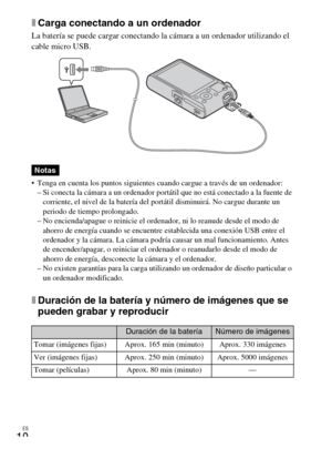 Page 44
ES
10
xCarga conectando a un ordenador
La batería se puede cargar conectando la cámara a un ordenador utilizando el 
cable micro USB.
 Tenga en cuenta los puntos siguientes cuando cargue a través de un ordenador:
– Si conecta la cámara a un ordenador portátil que no está conectado a la fuente de 
corriente, el nivel de la  batería del portátil disminuirá. No cargue durante un 
periodo de tiempo prolongado.
– No encienda/apague o reinic ie el ordenador, ni lo reanude desde el modo de 
ahorro de energía...