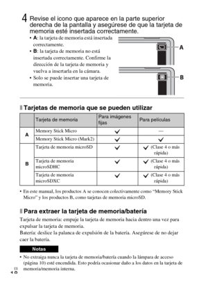 Page 54ES
18
xTarjetas de memoria que se pueden utilizar
 En este manual, los productos A se conocen colectivamente como “Memory Stick 
Micro” y los productos B, como tarjetas de memoria microSD.
xPara extraer la tarjeta de memoria/batería
Tarjeta de memoria: empuje la tarjeta de memoria hacia dentro una vez para 
expulsar la tarjeta de memoria.
Batería: deslice la palanca de expulsión de la batería. Asegúrese de no dejar 
caer la batería.
 No extraiga nunca la tarjeta de memoria/batería cuando la lámpara de...