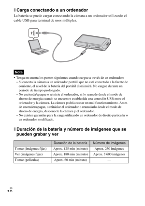 Page 40ES
10
xCarga conectando a un ordenador
La batería se puede cargar conectando la cámara a un ordenador utilizando el 
cable USB para terminal de usos múltiples.
 Tenga en cuenta los puntos siguientes cuando cargue a través de un ordenador:
– Si conecta la cámara a un ordenador portátil que no está conectado a la fuente de 
corriente, el nivel de la batería del portátil disminuirá. No cargue durante un 
periodo de tiempo prolongado.
– No encienda/apague o reinicie el ordenador, ni lo reanude desde el modo...