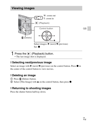 Page 15GB
15
GB
xSelecting next/previous image
Select an image with B (next)/b (previous) on the control button. Press z in 
the center of the control button to view movies.
xDeleting an image
1Press   (Delete) button.
2Select [This Image] with v on the control button, then press z.
xReturning to shooting images
Press the shutter button halfway down.
Viewing images
1Press the   (Playback) button. The last image shot is displayed.
 (Delete)
Control button  (Playback)
W: zoom out
T: zoom in
Select images: B...
