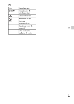 Page 39ES
15
ES
D
Autodisparador
C:32:00Visualización de 
autodiagnóstico
Detección de cara
Ajustes de ráfaga
Aviso de 
recalentamiento
Cuadro del visor de 
rango AF
Cruz filial de la 
medición de punto 