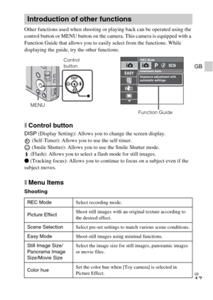 Page 17GB
17
GB
Other functions used when shooting or playing back can be operated using the 
control button or MENU button on the camera. This camera is equipped with a 
Function Guide that allows you to easily select from the functions. While 
displaying the guide, try the other functions.
xControl button
DISP (Display Setting): Allows you to change the screen display.
 (Self-Timer): Allows you to use the self-timer.
 (Smile Shutter): Allows you to use the Smile Shutter mode.
 (Flash): Allows you to select a...