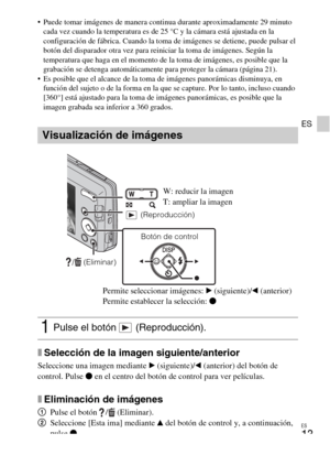 Page 37ES
13
ES
 Puede tomar imágenes de manera continua durante aproximadamente 29 minuto 
cada vez cuando la temperatura es de 25 °C y la cámara está ajustada en la 
configuración de fábrica. Cuando la toma de imágenes se detiene, puede pulsar el 
botón del disparador otra vez para reiniciar la toma de imágenes. Según la 
temperatura que haga en el momento de la toma de imágenes, es posible que la 
grabación se detenga automáticamente para proteger la cámara (página 21).
 Es posible que el alcance de la toma...