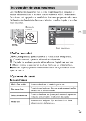 Page 39ES
15
ES
Las otras funciones necesarias para la toma o reproducción de imágenes se 
pueden utilizar mediante el botón de control o el botón MENU de la cámara. 
Esta cámara está equipada con una Guía de funciones que permite seleccionar 
fácilmente entre las distintas funciones. Mientras visualiza la guía, pruebe las 
otras funciones.
xBotón de control
DISP (Ajuste pantalla): permite cambiar la visualización de la pantalla.
 (Contador automát.): permite utilizar el autodisparador.
 (Captador de sonrisas):...