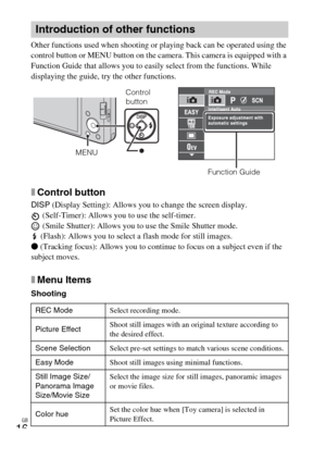 Page 16GB
16
Other functions used when shooting or playing back can be operated using the 
control button or MENU button on the camera. This camera is equipped with a 
Function Guide that allows you to easily select from the functions. While 
displaying the guide, try the other functions.
xControl button
DISP (Display Setting): Allows you to change the screen display.
 (Self-Timer): Allows you to use the self-timer.
 (Smile Shutter): Allows you to use the Smile Shutter mode.
 (Flash): Allows you to select a...