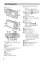 Page 8GB
8
AON/OFF (Power) button/Power 
lamp
BShutter button 
CFlash
DSelf-timer lamp/Smile Shutter 
lamp/AF illuminator
EMicrophone
FLens
GLCD screen
H (Playback) buttonIFor shooting: W/T (Zoom) 
button
For viewing:   (Playback 
zoom) button/  (Index) button
JMode switch:   (Still Image)/
 (Movie)/  (Sweep 
Panorama)
KHook for wrist strap
L/  (In-Camera Guide/Delete) 
button
MMENU button
NControl button
MENU on: v/V/b/B/z 
MENU off: DISP/ / / /
Tracking focus
OAccess lamp
PBattery eject lever
QBattery...