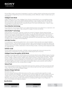 Page 2\bpecificati\fns
Camera
Camera TypeCompact zoom 
digital camera
Imaging Sensor
Imaging Sensor1/2\b3" Super HAD 
CCD Sensor
ProcessorBIONZ®
Pixel Gross16\b4MP
Picture Effect adds a new \6level of expression to photos, mak\6ing ordinary landscapes an\6d portraits 
come to life by hei\6ghtening mood and \6emphasizing certain\6 attributes\b  Select models have u\6p to 
nine effects\b 
Intelligent Aut\f M\fd\De
Unlike traditional auto mod\6e, Intelligent Auto\6 (iAuto) mode thin\6ks for you, recognizing...