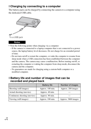 Page 12
GB
12
xCharging by connecting to a computer
The battery pack can be charged by connecting the camera to a computer using 
the dedicated USB cable.
 Note the following points when charging via a computer:
– If the camera is connected to a laptop computer that is not connected to a power  source, the laptop battery level decreases. Do not charge for an extended period 
of time.
– Do not turn on/off or restart the computer, or wake the computer to resume from 
sleep mode when a USB connection has b een...