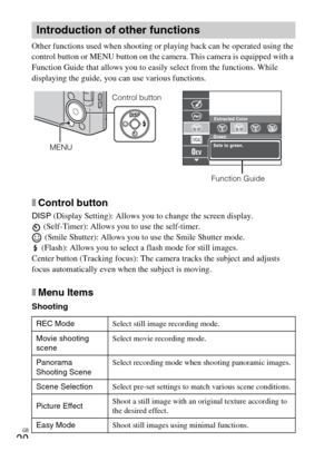 Page 20
GB
20
Other functions used when shooting or playing back can be operated using the 
control button or MENU button on the camera. This camera is equipped with a 
Function Guide that allows you to easily select from the functions. While 
displaying the guide, you can use various functions.
xControl button
DISP (Display Setting): Allows you to change the screen display.
 (Self-Timer): Allows you to use the self-timer.  (Smile Shutter): Allows you to use the Smile Shutter mode.
 (Flash): Allows you to...