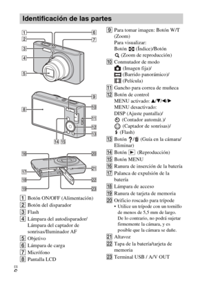 Page 34
ES
6
ABotón ON/OFF (Alimentación)
B Botón del disparador 
C Flash
D Lámpara del autodisparador/
Lámpara del captador de 
sonrisas/Iluminador AF
E Objetivo
F Lámpara de carga
G Micrófono
H Pantalla LCD I
Para tomar imagen: Botón W/T 
(Zoom)
Para visualizar: 
Botón (Índice)/Botón 
(Zoom de reproducción)
J Conmutador de modo
 (Imagen fija)/
 (Barrido panorámico)/
 (Película)
K Gancho para correa de muñeca
L Botón de control
MENU activado:  v/V /b /B
MENU desactivado: 
DISP (Ajuste pantalla)/ (Contador...