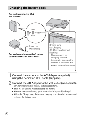Page 10
GB
10
Charging the battery pack
1Connect the camera to the AC Adaptor (supplied), 
using the dedicated USB cable (supplied).
2Connect the AC Adaptor to the wall outlet (wall socket).The Charge lamp lights orange, and charging starts.
 Turn off the camera while charging the battery.
 You can charge the battery pack even when it is partially charged.
 When the Charge lamp flashes and charging is not finished, remove and re-insert the battery pack.
Power cord 
(Mains lead)
For customers in the USA 
and...