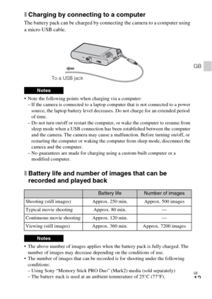 Page 13GB
13
GB
xCharging by connecting to a computer
The battery pack can be charged by connecting the camera to a computer using 
a micro USB cable.
 Note the following points when charging via a computer:
– If the camera is connected to a laptop computer that is not connected to a power 
source, the laptop battery level decreases. Do not charge for an extended period 
of time.
– Do not turn on/off or restart the computer, or wake the computer to resume from 
sleep mode when a USB connection has been...