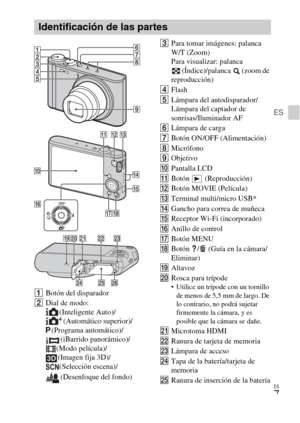 Page 39ES
7
ES
ABotón del disparador 
BDial de modo:
(Inteligente Auto)/
(Automático superior)/
(Programa automático)/
(iBarrido panorámico)/
(Modo película)/
(Imagen fija 3D)/
(Selección escena)/
(Desenfoque del fondo)CPara tomar imágenes: palanca 
W/T (Zoom)
Para visualizar: palanca 
 (Índice)/palanca   (zoom de 
reproducción)
DFlash
ELámpara del autodisparador/
Lámpara del captador de 
sonrisas/Iluminador AF
FLámpara de carga
GBotón ON/OFF (Alimentación)
HMicrófono
IObjetivo
JPantalla LCD
KBotón...