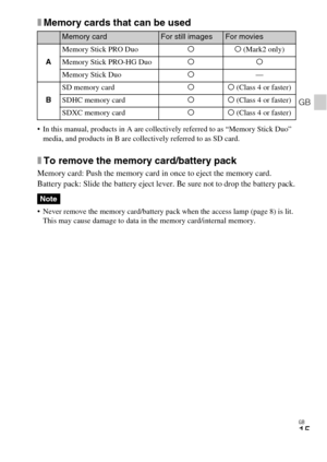 Page 15
GB
15
GB
xMemory cards that can be used
 In this manual, products in A are collectively referred to as “Memory Stick Duo” 
media, and products in B are collectively referred to as SD card.
xTo remove the memory card/battery pack
Memory card: Push the memory card in once to eject the memory card.
Battery pack: Slide the battery eject lever. Be sure not to drop the battery pack.
 Never remove the memory card/battery pack when the access lamp (page 8) is lit.  This may cause damage to data in the memory...