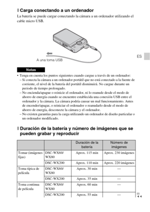 Page 45ES
11
ES
xCarga conectando a un ordenador
La batería se puede cargar conectando la cámara a un ordenador utilizando el 
cable micro USB.
 Tenga en cuenta los puntos siguientes cuando cargue a través de un ordenador:
– Si conecta la cámara a un ordenador portátil que no está conectado a la fuente de 
corriente, el nivel de la batería del portátil disminuirá. No cargue durante un 
periodo de tiempo prolongado.
– No encienda/apague o reinicie el ordenador, ni lo reanude desde el modo de 
ahorro de energía...