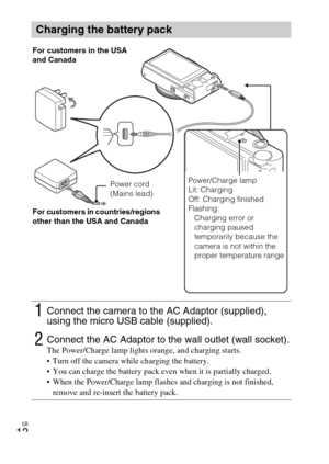 Page 12GB
12
Charging the battery pack
1Connect the camera to the AC Adaptor (supplied), 
using the micro USB cable (supplied).
2Connect the AC Adaptor to the wall outlet (wall socket).The Power/Charge lamp lights orange, and charging starts.
 Turn off the camera while charging the battery.
 You can charge the battery pack even when it is partially charged.
 When the Power/Charge lamp flashes and charging is not finished, 
remove and re-insert the battery pack.
Power cord 
(Mains lead) For customers in the USA...