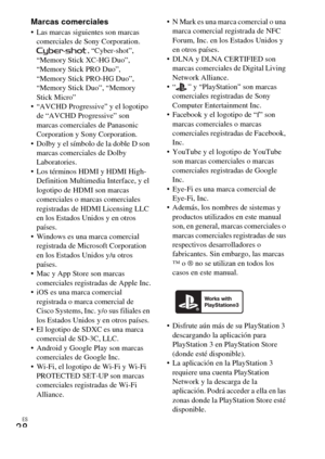 Page 116ES
38
Marcas comerciales Las marcas siguientes son marcas 
comerciales de Sony Corporation.
, “Cyber-shot”, 
“Memory Stick XC-HG Duo”, 
“Memory Stick PRO Duo”, 
“Memory Stick PRO-HG Duo”, 
“Memory Stick Duo”, “Memory 
Stick Micro”
 “AVCHD Progressive” y el logotipo 
de “AVCHD Progressive” son 
marcas comerciales de Panasonic 
Corporation y Sony Corporation.
 Dolby y el símbolo de la doble D son 
marcas comerciales de Dolby 
Laboratories.
 Los términos HDMI y HDMI High-
Definition Multimedia Interface, y...
