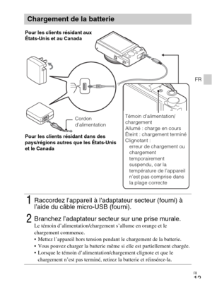 Page 49FR
13
FR
Chargement de la batterie
1Raccordez l’appareil à l’adaptateur secteur (fourni) à 
l’aide du câble micro-USB (fourni).
2Branchez l’adaptateur secteur sur une prise murale.Le témoin d’alimentation/chargement s’allume en orange et le 
chargement commence.
 Mettez l’appareil hors tension pendant le chargement de la batterie.
 Vous pouvez charger la batterie même si elle est partiellement chargée.
 Lorsque le témoin d’alimentation/chargement clignote et que le 
chargement n’est pas terminé, retirez...