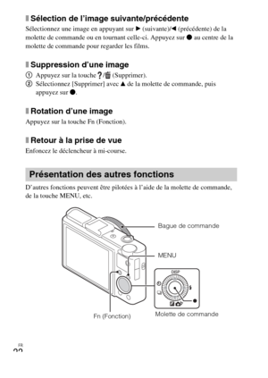 Page 58FR
22
xSélection de l’image suivante/précédente
Sélectionnez une image en appuyant sur B (suivante)/b (précédente) de la 
molette de commande ou en tournant celle-ci. Appuyez sur z au centre de la 
molette de commande pour regarder les films.
xSuppression d’une image
1Appuyez sur la touche  /  (Supprimer).
2Sélectionnez [Supprimer] avec v de la molette de commande, puis 
appuyez sur z.
xRotation d’une image
Appuyez sur la touche Fn (Fonction).
xRetour à la prise de vue
Enfoncez le déclencheur à...