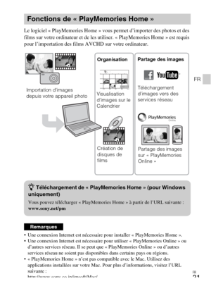 Page 67FR
31
FR
Le logiciel « PlayMemories Home » vous permet d’importer des photos et des 
films sur votre ordinateur et de les utiliser. « PlayMemories Home » est requis 
pour l’importation des films AVCHD sur votre ordinateur.
 Une connexion Internet est nécessaire pour installer « PlayMemories Home ».
 Une connexion Internet est nécessaire pour utiliser « PlayMemories Online » ou 
d’autres services réseau. Il se peut que « PlayMemories Online » ou d’autres 
services réseau ne soient pas disponibles dans...