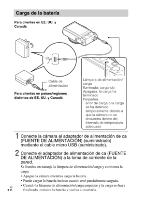 Page 88ES
10
Carga de la batería
1Conecte la cámara al adaptador de alimentación de ca 
(FUENTE DE ALIMENTACIÓN) (suministrado) 
mediante el cable micro USB (suministrado).
2Conecte el adaptador de alimentación de ca (FUENTE 
DE ALIMENTACIÓN) a la toma de corriente de la 
pared.
Se ilumina en naranja la lámpara de alimentación/carga y comienza la 
carga.
 Apague la cámara mientras carga la batería.
 Puede cargar la batería incluso cuando esté parcialmente cargada.
 Cuando la lámpara de alimentación/carga...