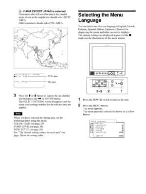 Page 20Selecting the Menu Language 20
4If ASIA EXCEPT JAPAN is selected:
Customers who will use this unit in the shaded 
areas shown in the map below should select NTSC 
AREA.
Other customers should select PAL AREA.
3Press the M or m button to narrow the area further 
and then press the , or ENTER button.  
The SELECT SETTING screen disappears and the 
menu item settings suitable for the selected area are 
applied.
Note
When you have selected the wrong area, set the 
following items using the menu.  
COLOR TEMP...