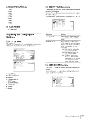 Page 23Adjustment Using the Menus23
REMOTE PARALLEL
1 PIN
2 PIN
3 PIN
4 PIN
6 PIN
7 PIN
8 PIN
KEY INHIBIT
KEY INHIBIT
Adjusting and Changing the 
Settings
STATUS menu
The STATUS menu is used to display the current status 
of the unit. The following items are displayed:

 Color temperature
 Gamma
 Component level

 RGB/COMP SEL



COLOR TEMP/BAL menu
The COLOR TEMP/BAL menu is used for adjusting the 
picture white balance. 
You need to use the measurement instrument to adjust 
the white balance.
Recommended:...