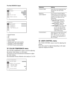 Page 22Adjustment Using the Menus 22
For the DVI/HD15 input
 Signal format


 Color temperature
 Power saving
 Model name and serial number
 OPTION A and serial number
 OPTION B and serial number
COLOR TEMP/SPACE menu
The COLOR TEMP/SPACE menu is used for adjusting 
the picture white balance or color space. 
You need to use the measurement instrument to adjust 
the white balance.
Recommended: Konica Minolta color analyzer CA-210
USER CONTROL menu
The USER CONTROL menu is used for adjusting the 
picture.
Items...