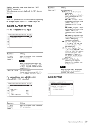 Page 29Adjustment Using the Menus29 
For finer according to the input signal, see “DOT 
PHASE” on page 24.
When the menu screen is displayed, the APA does not 
function.
Note
If the APA operation does not finish correctly depending 
on the input signal, adjust DOT PHASE (page 24).
CLOSED CAPTION SETTING
For the composite or Y/C input
For a signal input from a BKM-244CC 
(when a BKM-244CC is installed)
AU DIO  S ET T ING
Submenu Setting
CLOSED 
CAPTION 
ENABLESelect ON to display closed caption and 
OFF not to...