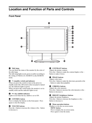 Page 8Location and Function of Parts and Controls 8
Location and Function of Parts and Controls
Front Panel
aTally lamp
You can check the status of the monitor by the color of 
the tally lamp.
The tally lamp lights in red, green or amber according to 
the setting of PARALLEL REMOTE in the REMOTE 
menu.
b1 (standby) switch and indicator
When you press the switch to turn on the power in 
standby mode (the a/? switch on the rear panel is turned 
on), the indicator lights in green. 
When you press this switch...