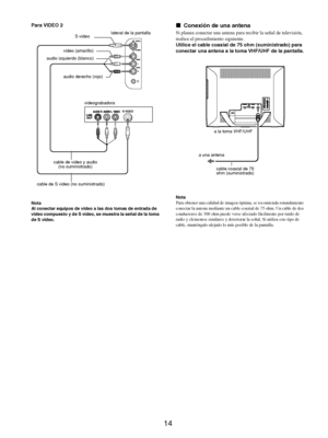 Page 10214
Para VIDEO 2
Nota
Al conectar equipos de video a las dos tomas de entrada de 
video compuesto y de S video, se muestra la señal de la toma 
de S video.
xConexión de una antena
Si planea conectar una antena para recibir la señal de televisión, 
realice el procedimiento siguiente.
Utilice el cable coaxial de 75 ohm (suministrado) para 
conectar una antena a la toma VHF/UHF de la pantalla.
Nota
Para obtener una calidad de imagen óptima, se recomienda rotundamente 
conectar la antena mediante un cable...