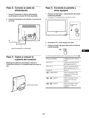 Page 10315
ES
Paso 3: Conecte el cable de 
alimentación
1 Conecte firmemente el cable de alimentación 
suministrado al conector AC IN de la pantalla.
2 Conecte firmemente el otro extremo a una toma de 
corriente.
Paso 4: Vuelva a colocar la 
cubierta del conector
Mantenga los ganchos presionados e inserte la 
cubierta del conector en la pantalla hasta escuchar un 
clic.
Paso 5: Encienda la pantalla y 
otros equipos
1 Presione el interruptor 1 (alimentación) de la parte 
frontal de la pantalla.
El indicador 1...