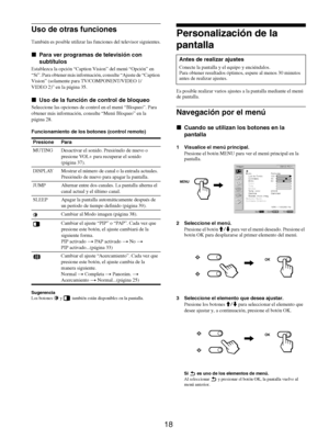 Page 10618
Uso de otras funciones
También es posible utilizar las funciones del televisor siguientes.
xPara ver programas de televisión con 
subtítulos
Establezca la opción “Caption Vision” del menú “Opción” en 
“Sí”. Para obtener más información, consulte “Ajuste de “Caption 
Vision” (solamente para TV/COMPONENT/VIDEO 1/
VIDEO 2)” en la página 35.
xUso de la función de control de bloqueo
Seleccione las opciones de control en el menú “Bloqueo”. Para 
obtener más información, consulte “Menú Bloqueo” en la 
página...