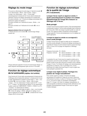 Page 82
40
Réglage du mode image
Vous pouvez sélectionner le mode image à l’aide de la touche   
ou en sélectionnant « Mode » dans le menu « Image ». 
Lorsque vous sélectionnez «  Auto », l’écran règle 
automatiquement la luminosité de l’écran selon la luminosité 
ambiante (fonction de réglage au tomatique de la luminosité). 
Pour plus de détails, voir « Fonc tion de réglage automatique de la 
luminosité (capteur  de lumière) ».
Pour plus de détails sur l’ut ilisation du menu « Mode », voir 
page 21.
Pour plus...