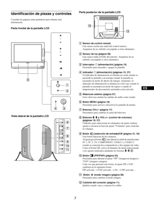 Page 957
ES
Identificación de piezas y controles
Consulte las páginas entre paréntesis para obtener más 
información.
ASensor de control remoto
Este sensor recibe una señal del control remoto.
Asegúrese de no cubrirlo con papeles u otros elementos.
BSensor de luz (página 38)
Este sensor mide el brillo del entorno. Asegúrese de no 
cubrirlo con papeles u otros elementos.
CInterruptor 1 (alimentación) (página 15)
Presiónelo para encender o apagar la pantalla.
DIndicador 1 (alimentación) (páginas 15, 37)
El...