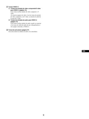 Page 979
ES
UTomas VIDEO 2
1Tomas de entrada de video compuesto/S video 
para VIDEO 2 (página 13)
Estas tomas reciben señales de video compuesto o S 
video.
Al conectar equipos de video a las dos tomas de entrada 
de video compuesto y de S video, se muestra la señal de 
la toma de S video.
2Tomas de entrada de audio para VIDEO 2 
(página 13)
Estas tomas reciben señales de audio cuando se conectan 
a las tomas de salida de audio de una videograbadora u 
otro equipo conectado a VIDEO 2.
VToma de auriculares...