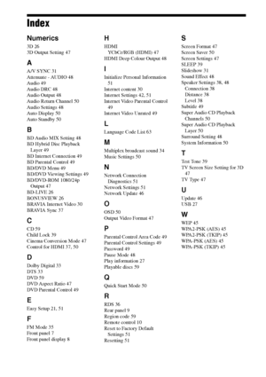 Page 6464GB
Index
Numerics
3D 26
3D Output Setting 47
A
A/V SYNC 31
Attenuate - AUDIO 48
Audio 49
Audio DRC 48
Audio Output 48
Audio Return Channel 50
Audio Settings 48
Auto Display 50
Auto Standby 50
B
BD Audio MIX Setting 48
BD Hybrid Disc Playback 
Layer 49
BD Internet Connection 49
BD Parental Control 49
BD/DVD Menu 49
BD/DVD Viewing Settings 49
BD/DVD-ROM 1080/24p 
Output 47
BD-LIVE 26
BONUSVIEW 26
BRAVIA Internet Video 30
BRAVIA Sync 37
C
CD 59
Child Lock 39
Cinema Conversion Mode 47
Control for HDMI 37,...