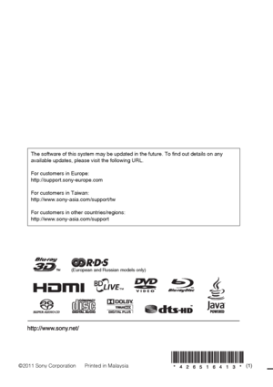 Page 68 
The software of this system may be updated in the future. To find out details on any 
available updates, please visit the following URL.
For customers in Europe:
http://support.sony-europe.com
For customers in Taiwan:
http://www.sony-asia.com/support/tw
For customers in other countries/regions:
http://www.sony-asia.com/support
©2011 Sony Corporation      Printed in Malaysia(1)
(European and Russian models only)
 