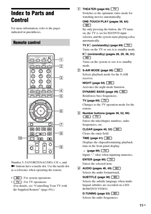 Page 1111US
Index to Parts and 
Control
For more information, refer to the pages 
indicated in parentheses.
Number 5, FAVORITES/AUDIO, CH +, and 
N buttons have a tactile dot. Use the tactile dot 
as a reference when operating the remote.
 : For system operations
 : For TV operations
(For details, see “Controlling Your TV with 
the Supplied Remote” (page 69).)
ATHEATER (page 64) 
Switches to the optimum video mode for 
watching movies automatically.
ONE-TOUCH PLAY (pages 36, 64) 
By only pressing the button,...