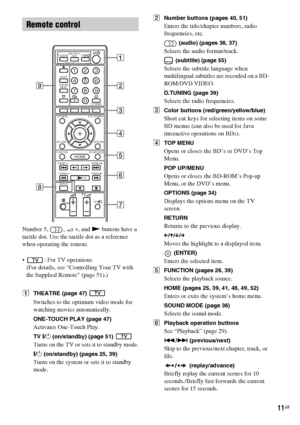 Page 1111GB
Number 5,  , 2 +, and N buttons have a 
tactile dot. Use the tactile dot as a reference 
when operating the remote.
 : For TV operations
(For details, see “Controlling Your TV with 
the Supplied Remote” (page 51).)
ATHEATRE (page 47) 
Switches to the optimum video mode for 
watching movies automatically.
ONE-TOUCH PLAY (page 47)
Activates One-Touch Play.
TV "/1 (on/standby) (page 51) 
Turns on the TV or sets it to standby mode.
"/1 (on/standby) (pages 25, 39)
Turns on the system or sets it...