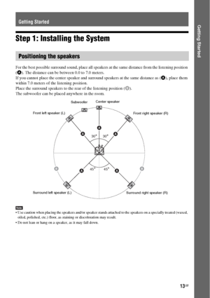 Page 1313GB
Getting Started
Step 1: Installing the System
For the best possible surround sound, place all speakers at the same distance from the listening position 
(A). The distance can be between 0.0 to 7.0 meters.
If you cannot place the center speaker and surround speakers at the same distance as (A), place them 
within 7.0 meters of the listening position.
Place the surround speakers to the rear of the listening position (B).
The subwoofer can be placed anywhere in the room.
Note Use caution when placing...