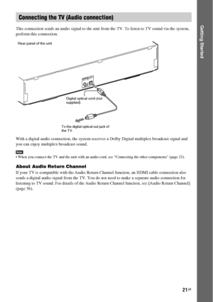 Page 2121GB
Getting StartedThis connection sends an audio signal to the unit from the TV. To listen to TV sound via the system, 
perform this connection.
With a digital audio connection, the system receives a Dolby Digital multiplex broadcast signal and 
you can enjoy multiplex broadcast sound.
Note When you connect the TV and the unit with an audio cord, see “Connecting the other components” (page 22).
About Audio Return Channel
If your TV is compatible with the Audio Return Channel function, an HDMI cable...