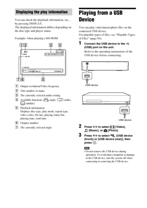 Page 3030GB
You can check the playback information, etc., 
by pressing DISPLAY.
The displayed information differs depending on 
the disc type and player status.
Example: when playing a BD-ROM
AOutput resolution/Video frequency
BTitle number or name
CThe currently selected audio setting
DAvailable functions (  angle,   audio, 
 subtitle)
EPlayback information
Displays disc type, play mode, repeat type, 
video codec, bit rate, playing status bar, 
playing time, total time
FChapter number
GThe currently selected...