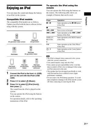 Page 31Playback
31GB
Enjoying an iPod
You can enjoy the sound and charge the battery 
of an iPod via the system.
Compatible iPod models
The compatible iPod models are as follows. 
Update your iPod with the latest software before 
using with the system.
1Connect the iPod to the front   (USB) 
port on the unit with the iPod’s USB 
cable.
2Press C/c to select  [Music].
3Press X/x to select  [iPod (front)], 
then press  .
The sound from the iPod is played on the 
system.
You can operate the iPod using the buttons...
